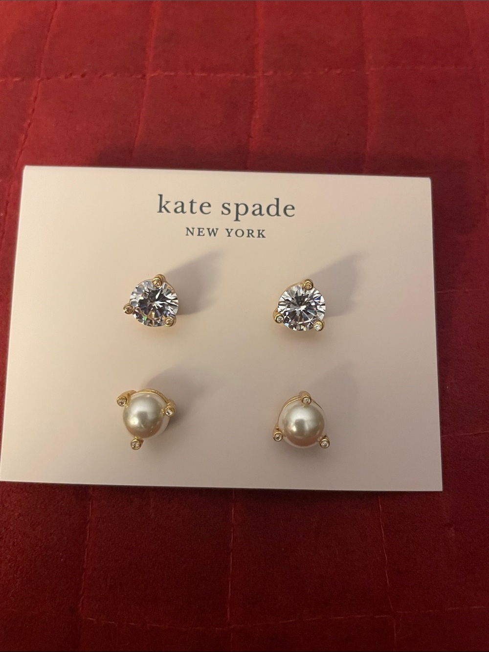 kate spade Gold Crystal and Pearl Stud Earring Duo - White NWT